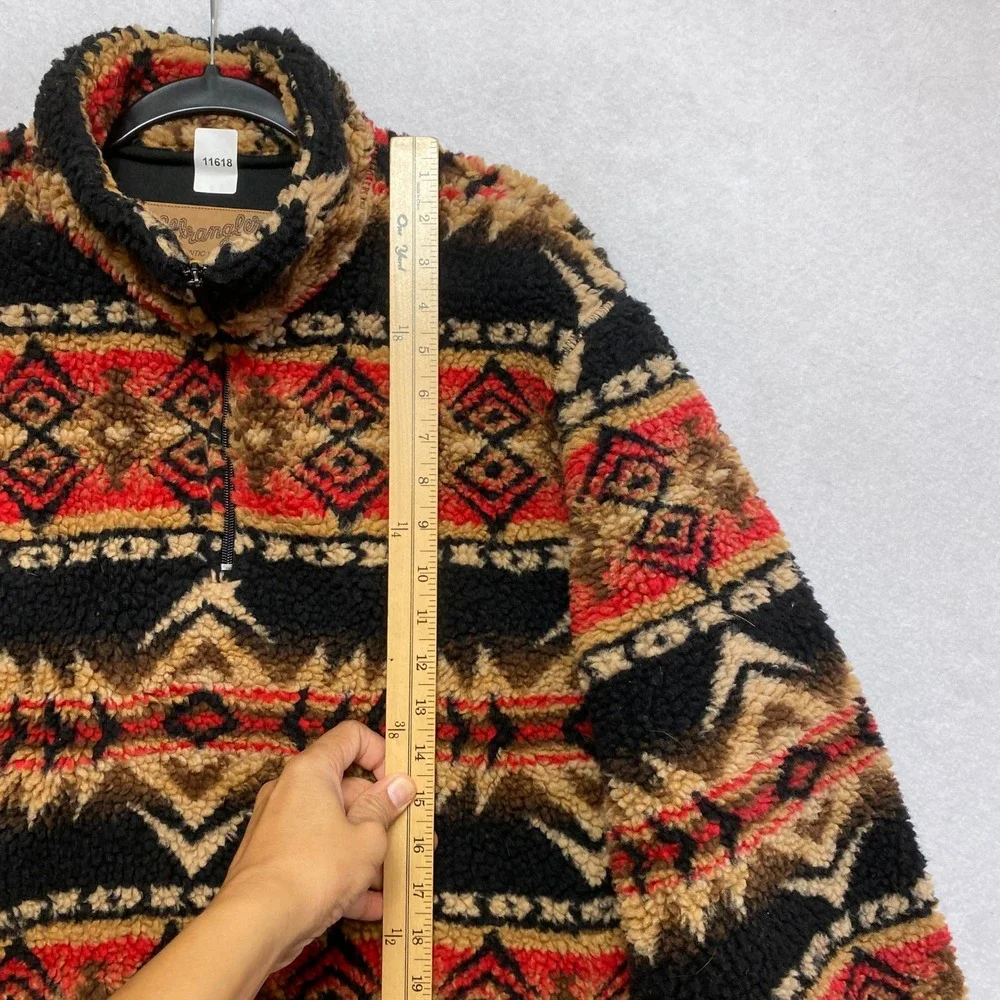 Wrangler Jacket Mens L Black Red Southwestern Aztec Quarter Zip Sherpa Fleece